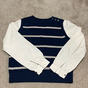 Lands' End Navy and Tan Drifter Sweater with Poplin Sleeves - size XS 2-4